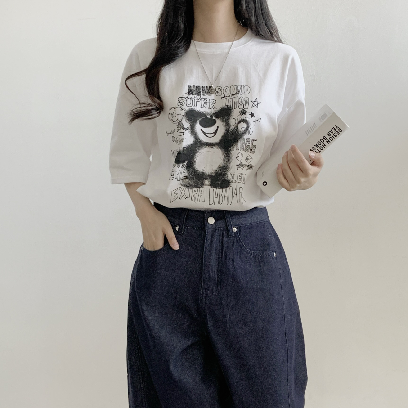 コットンラウンドネックオーバーサイズ半袖プリントベアTシャツ | 詳細画像3