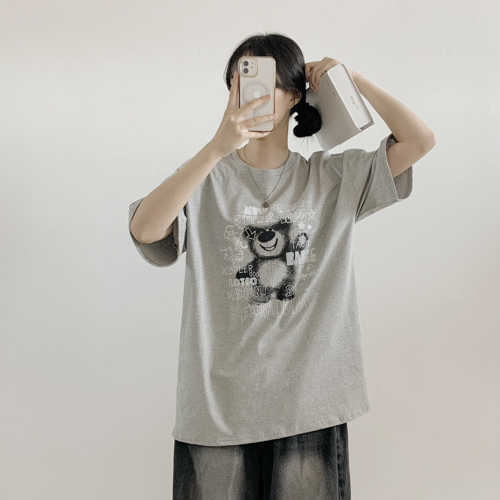 コットンラウンドネックオーバーサイズ半袖プリントベアTシャツ | 詳細画像5