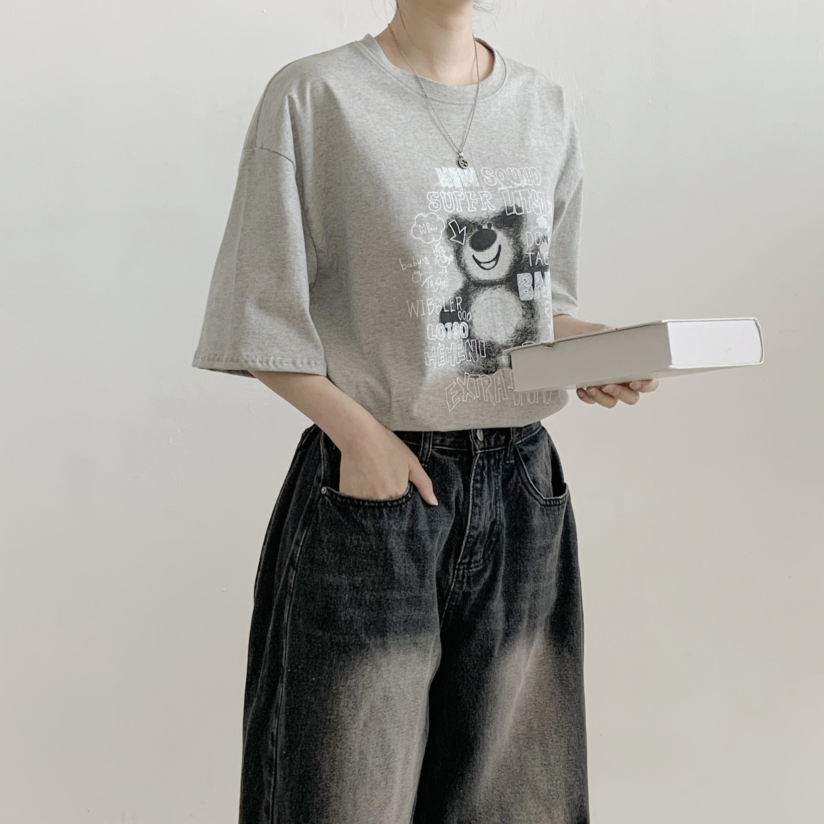 コットンラウンドネックオーバーサイズ半袖プリントベアTシャツ | 詳細画像6