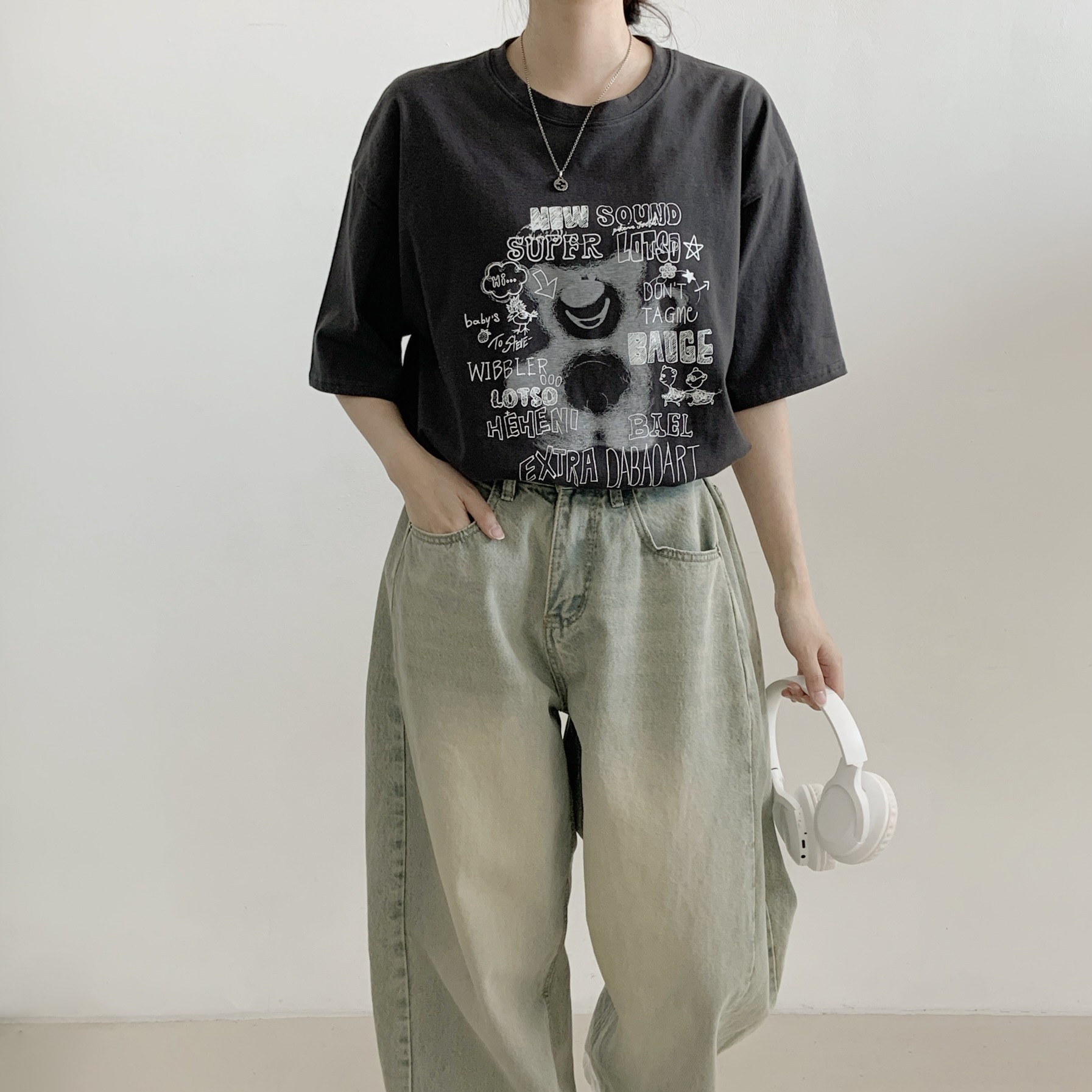 コットンラウンドネックオーバーサイズ半袖プリントベアTシャツ | 詳細画像10