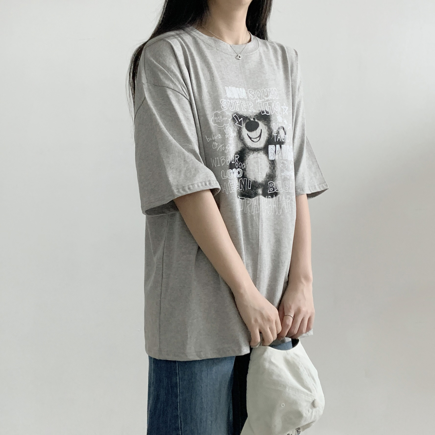 コットンラウンドネックオーバーサイズ半袖プリントベアTシャツ | 詳細画像7