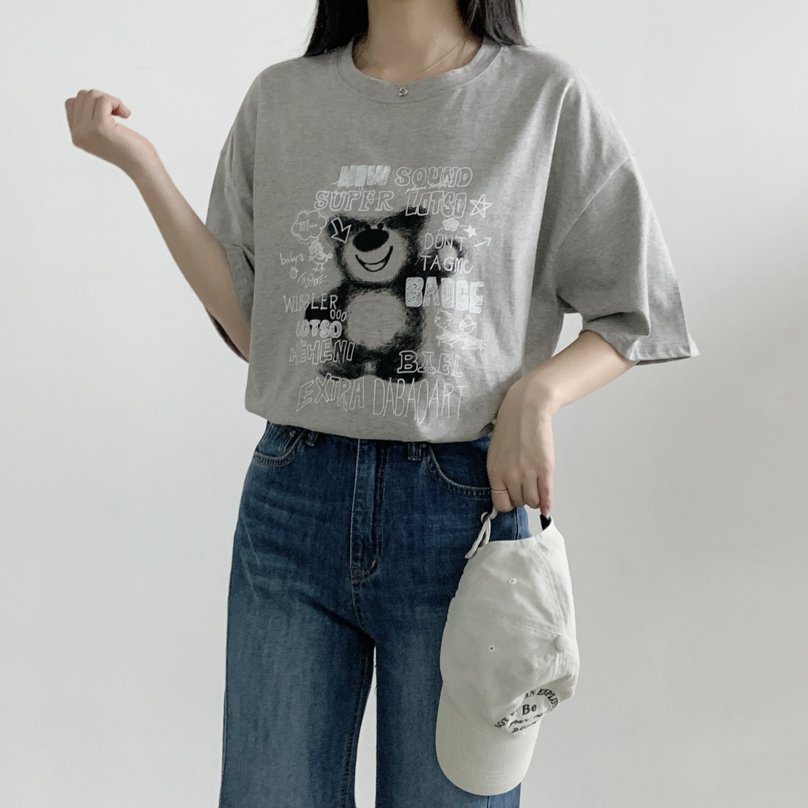 コットンラウンドネックオーバーサイズ半袖プリントベアTシャツ | 詳細画像8