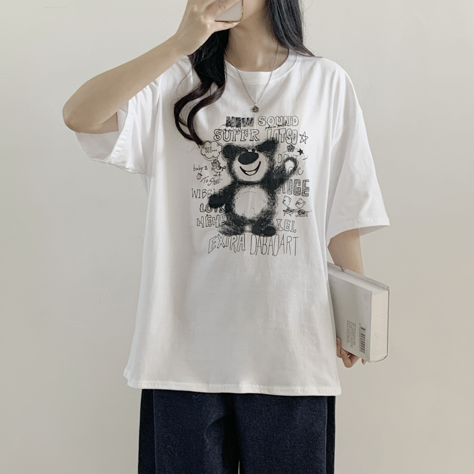 コットンラウンドネックオーバーサイズ半袖プリントベアTシャツ | 詳細画像4