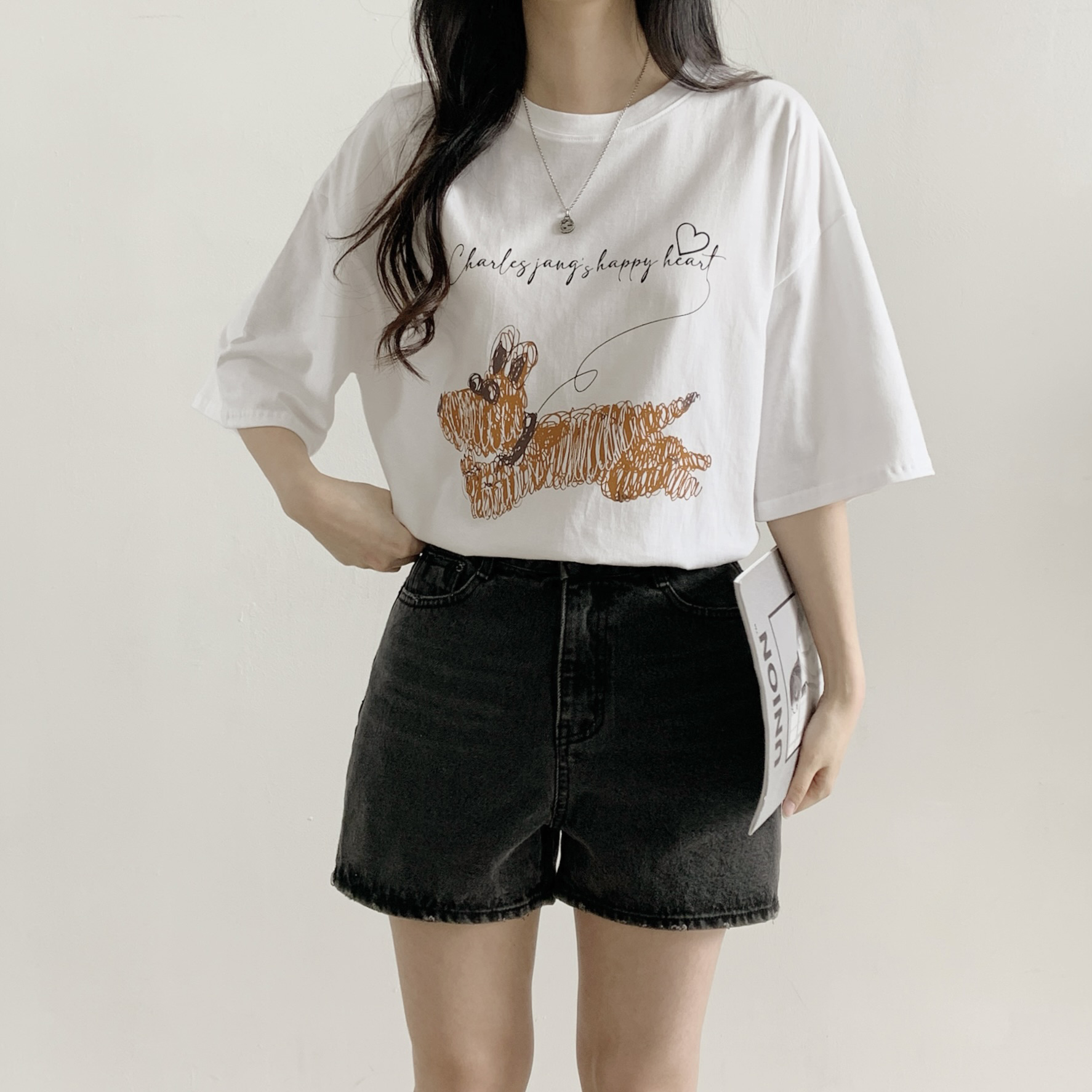 コットンラウンドネックオーバーサイズ半袖プリント子犬犬ころTシャツ | 詳細画像7