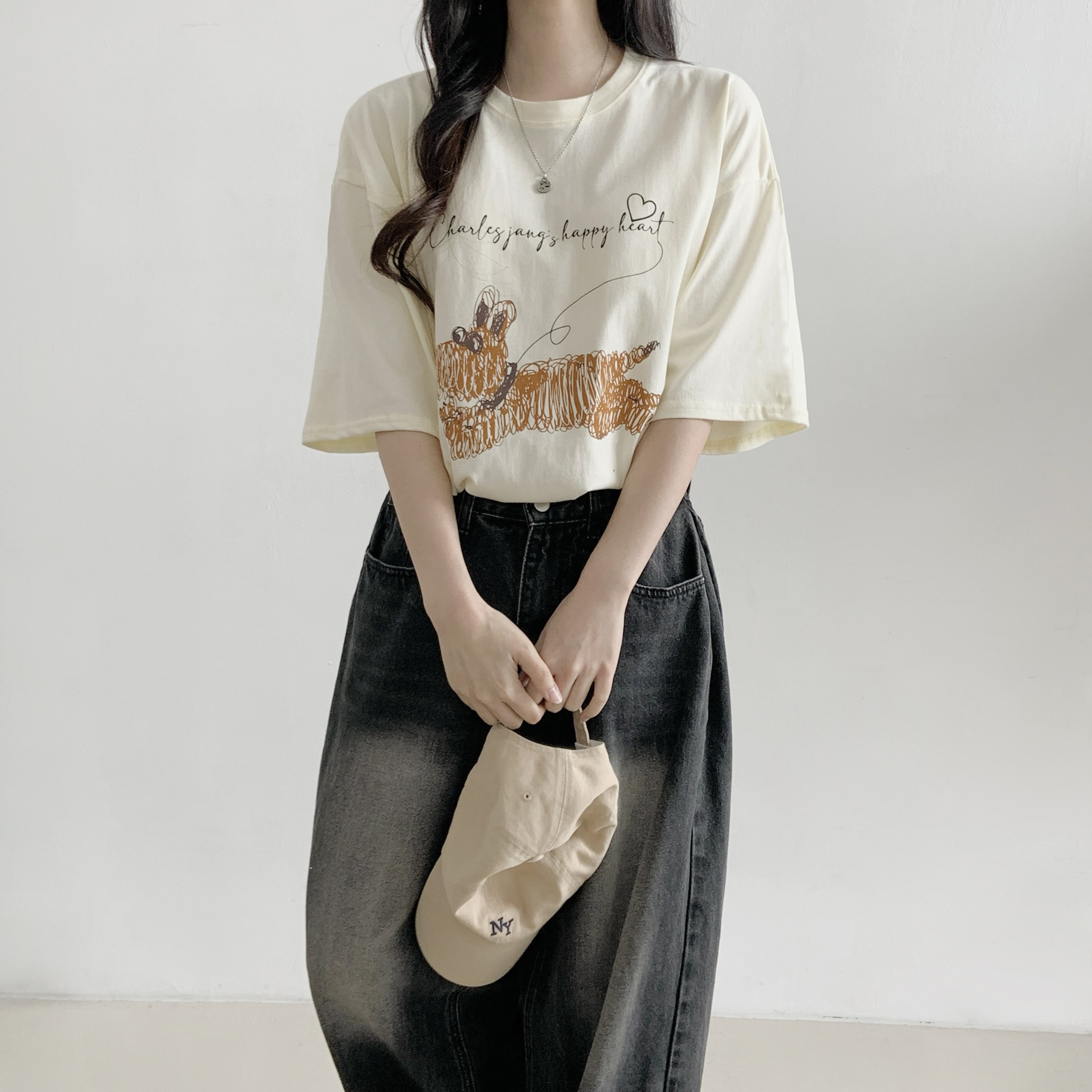 コットンラウンドネックオーバーサイズ半袖プリント子犬犬ころTシャツ | 詳細画像2