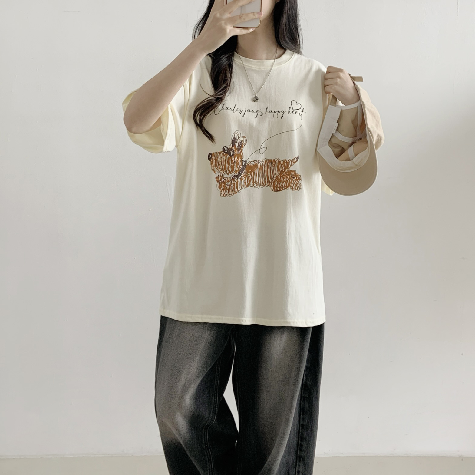 コットンラウンドネックオーバーサイズ半袖プリント子犬犬ころTシャツ | 詳細画像3
