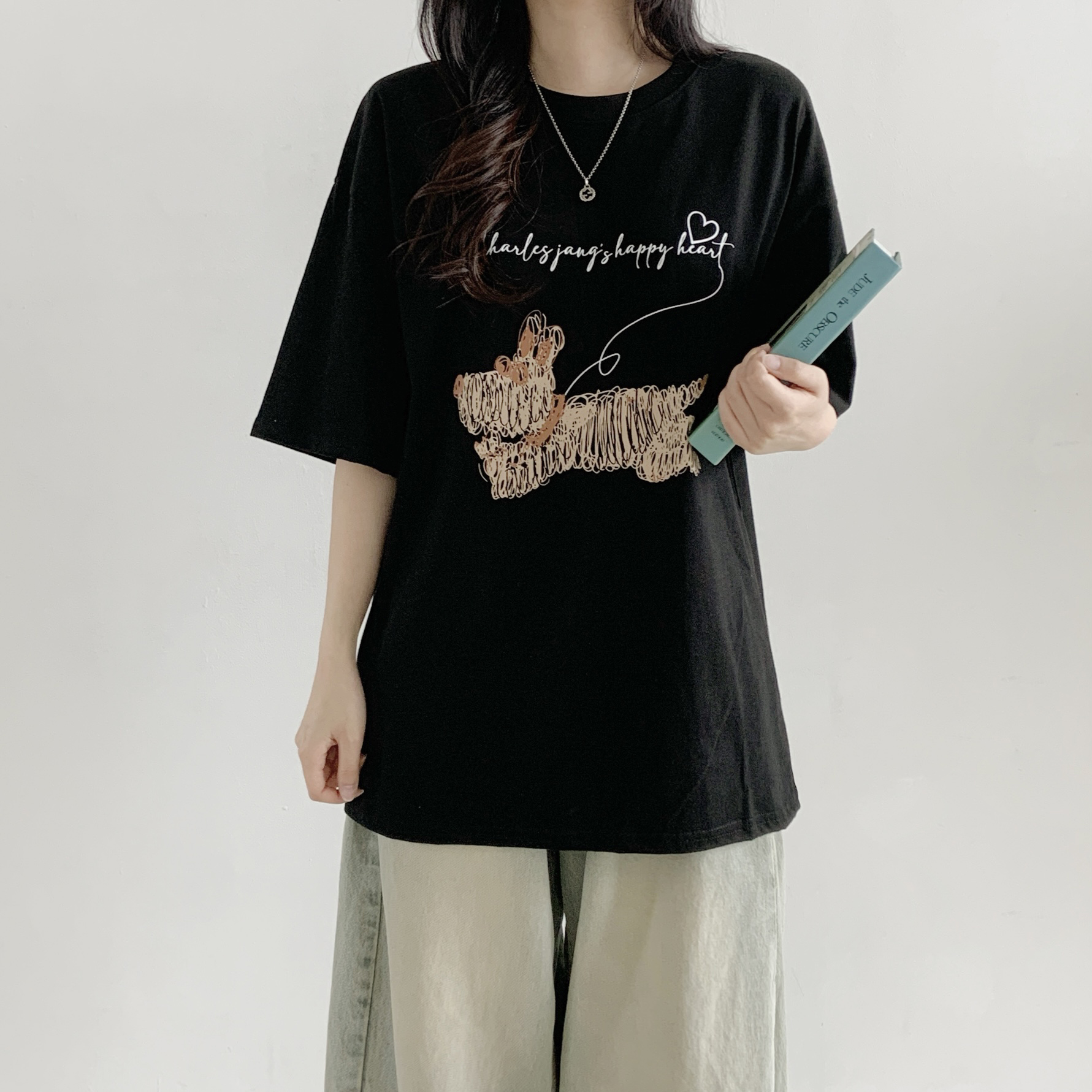 コットンラウンドネックオーバーサイズ半袖プリント子犬犬ころTシャツ | 詳細画像4