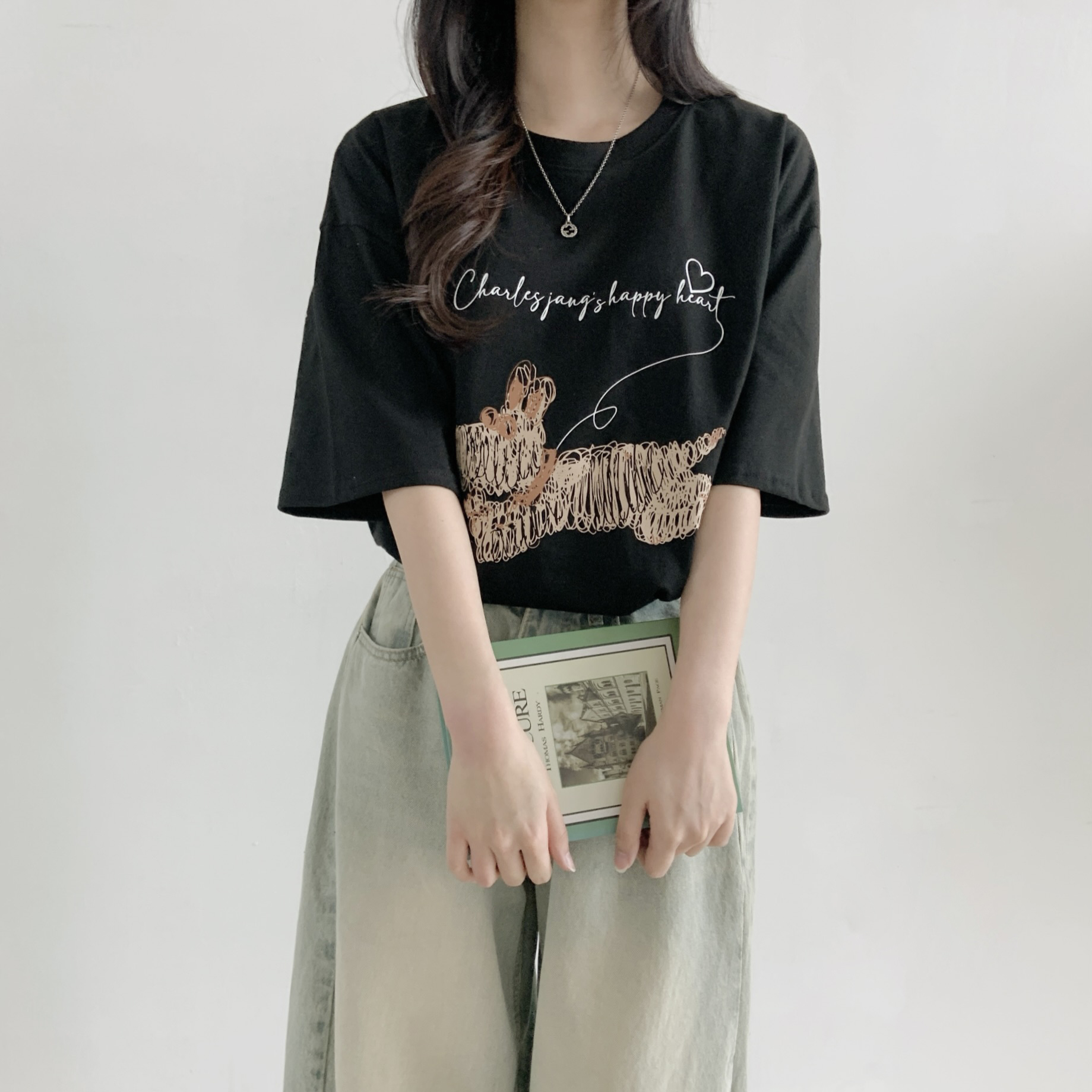 コットンラウンドネックオーバーサイズ半袖プリント子犬犬ころTシャツ | 詳細画像5