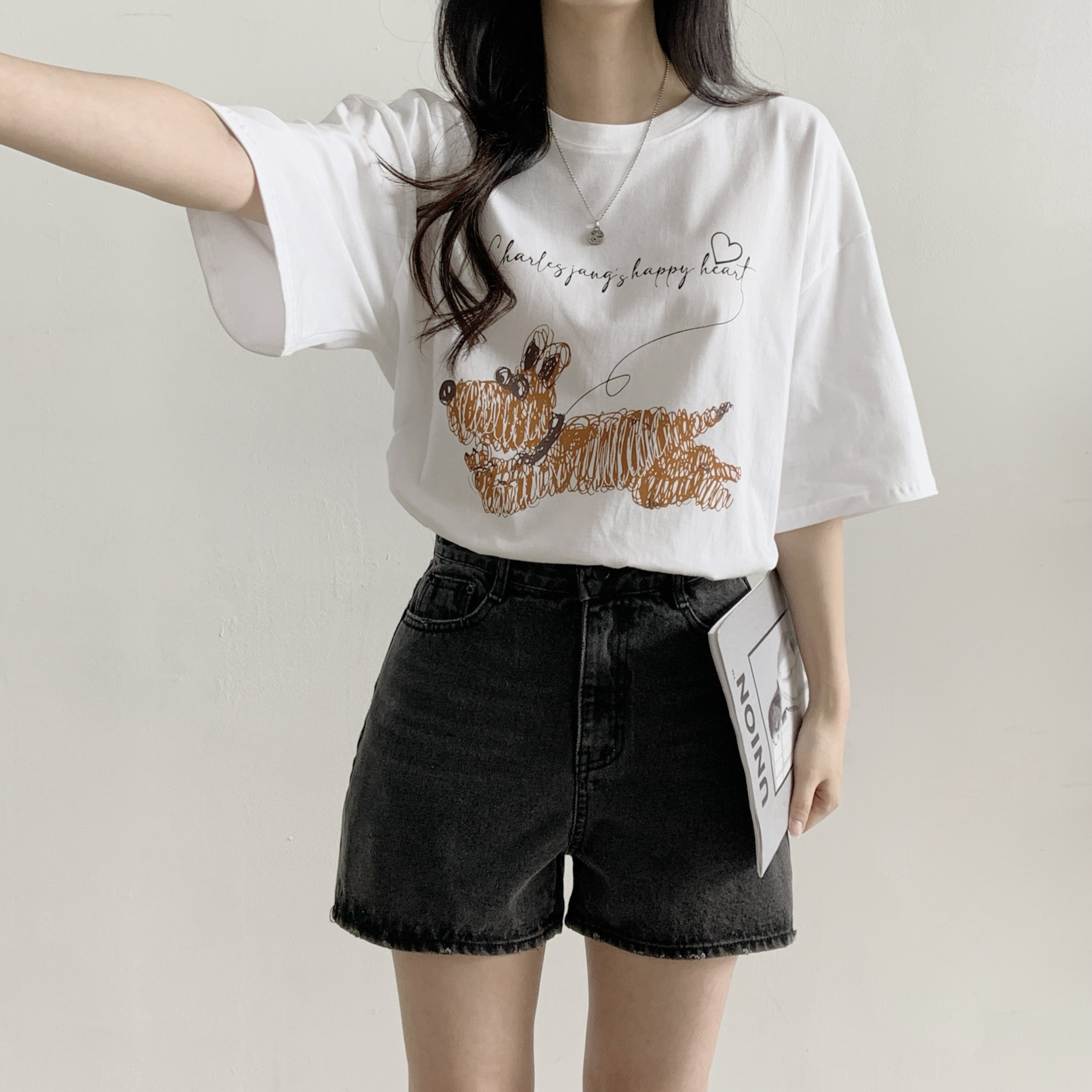 コットンラウンドネックオーバーサイズ半袖プリント子犬犬ころTシャツ | 詳細画像6
