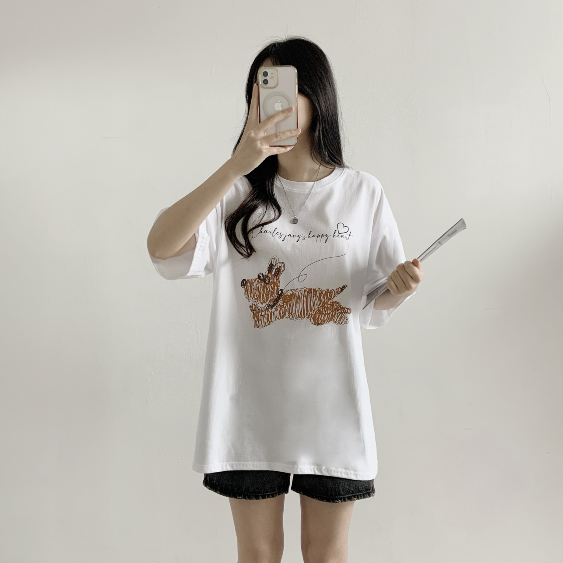コットンラウンドネックオーバーサイズ半袖プリント子犬犬ころTシャツ | 詳細画像8