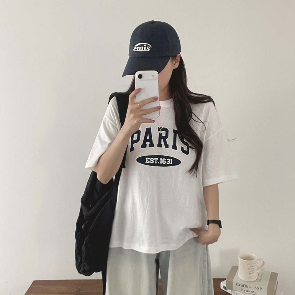 コットンラウンドネック半袖ボクシールーズロゴTシャツ | レディース