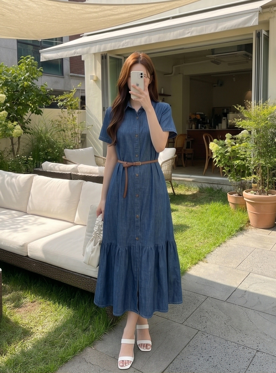 デニム半袖Aラインシャツワンピースベルト付 | 詳細画像10