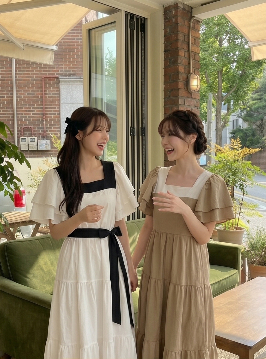 配色スクエアネックラッフルロングフレアワンピースストラップ付 | 詳細画像3