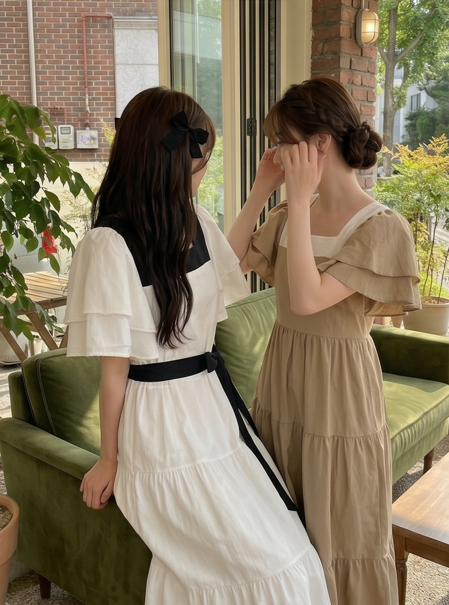 配色スクエアネックラッフルロングフレアワンピースストラップ付 | 詳細画像5