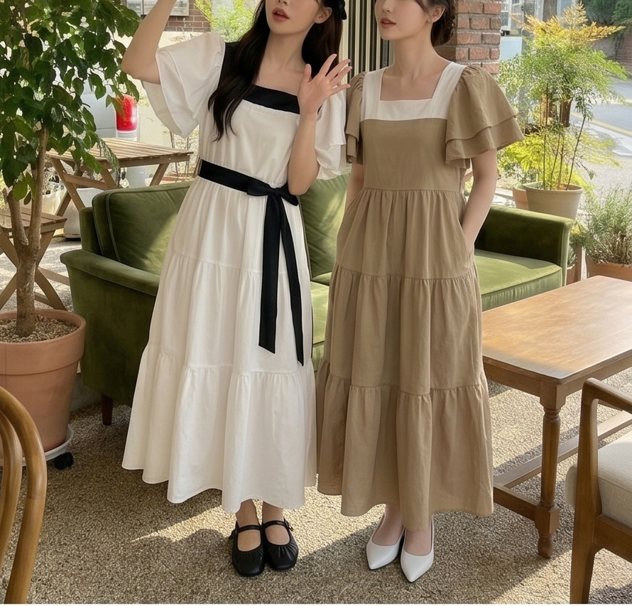 配色スクエアネックラッフルロングフレアワンピースストラップ付 | 詳細画像13