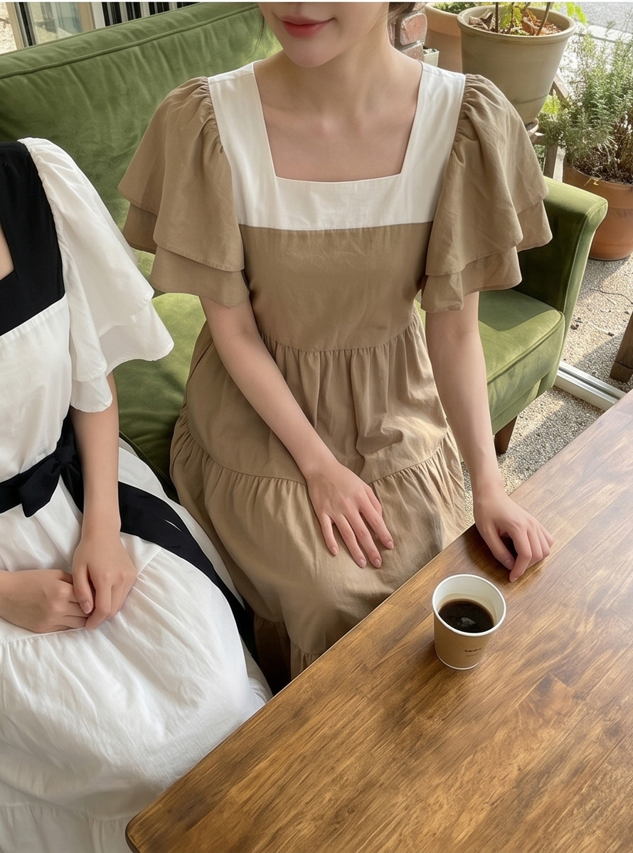 配色スクエアネックラッフルロングフレアワンピースストラップ付 | 詳細画像14