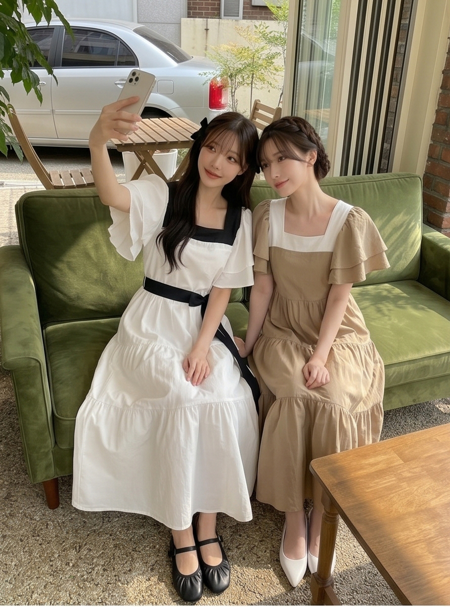 配色スクエアネックラッフルロングフレアワンピースストラップ付 | 詳細画像15