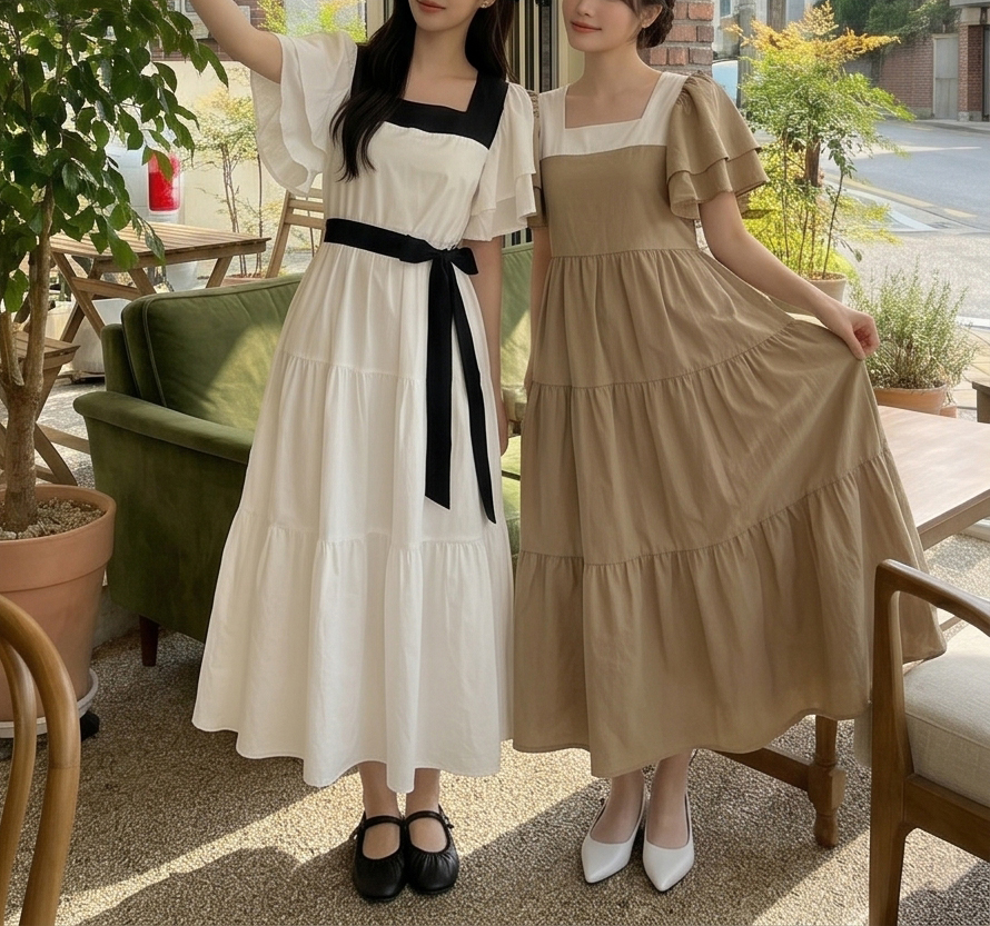 配色スクエアネックラッフルロングフレアワンピースストラップ付 | 詳細画像18