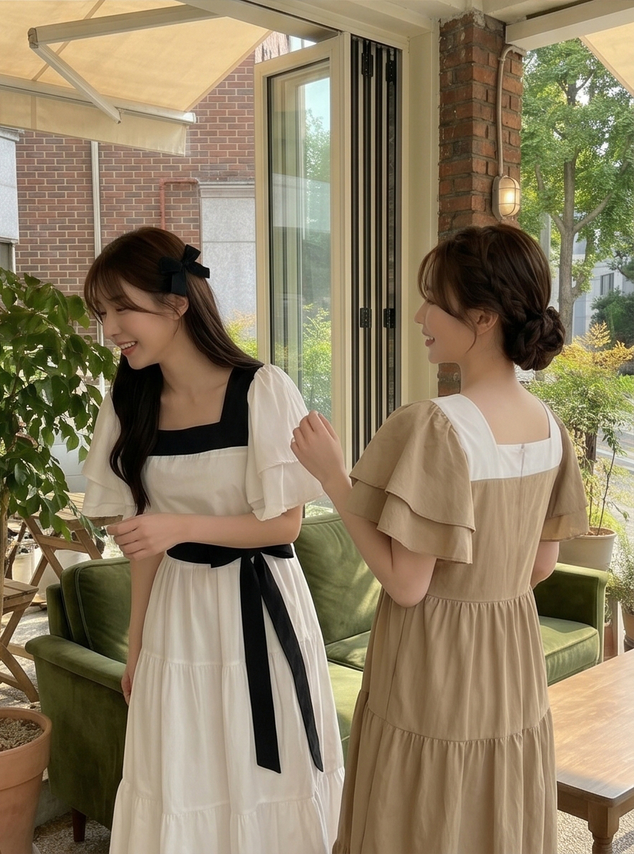 配色スクエアネックラッフルロングフレアワンピースストラップ付 | 詳細画像25