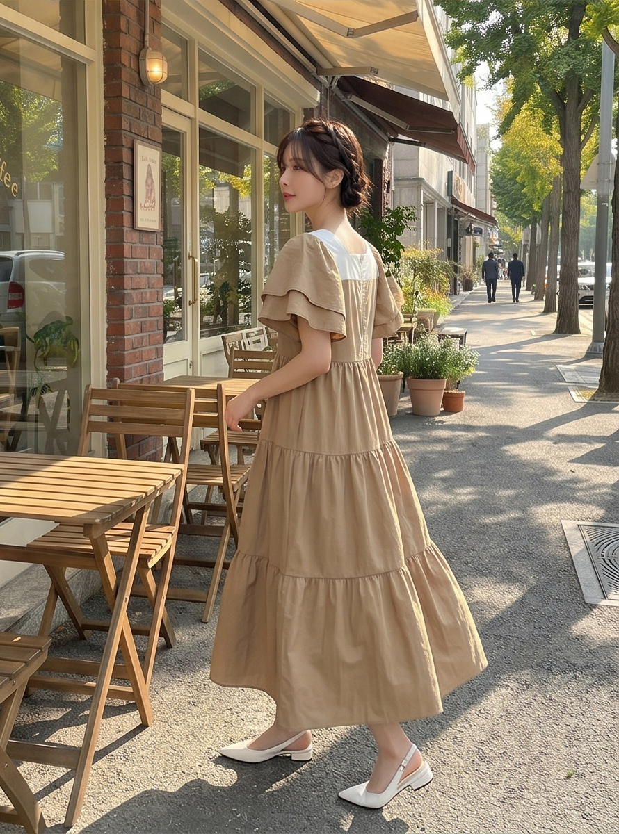 配色スクエアネックラッフルロングフレアワンピースストラップ付 | 詳細画像27