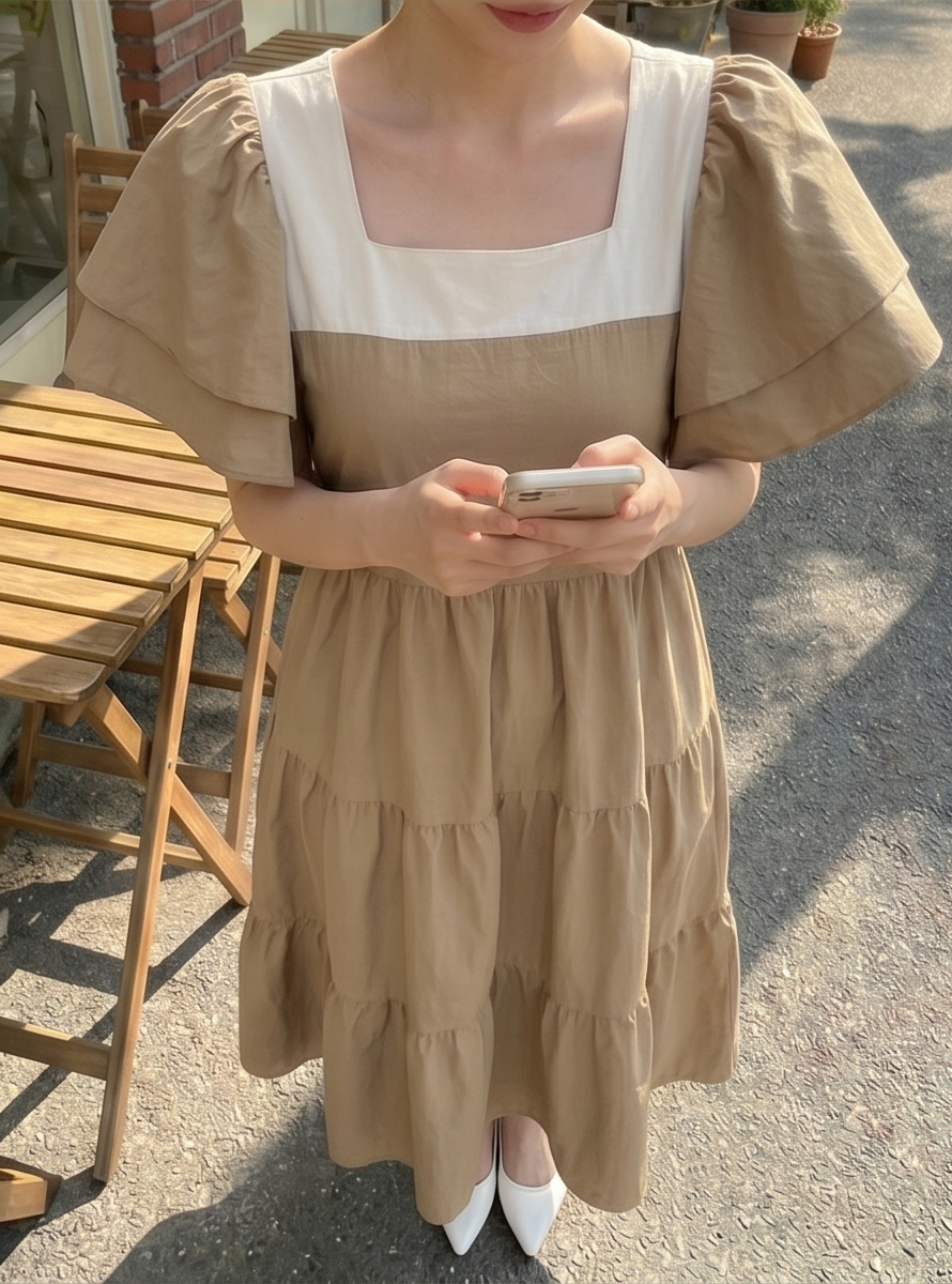 配色スクエアネックラッフルロングフレアワンピースストラップ付 | 詳細画像29