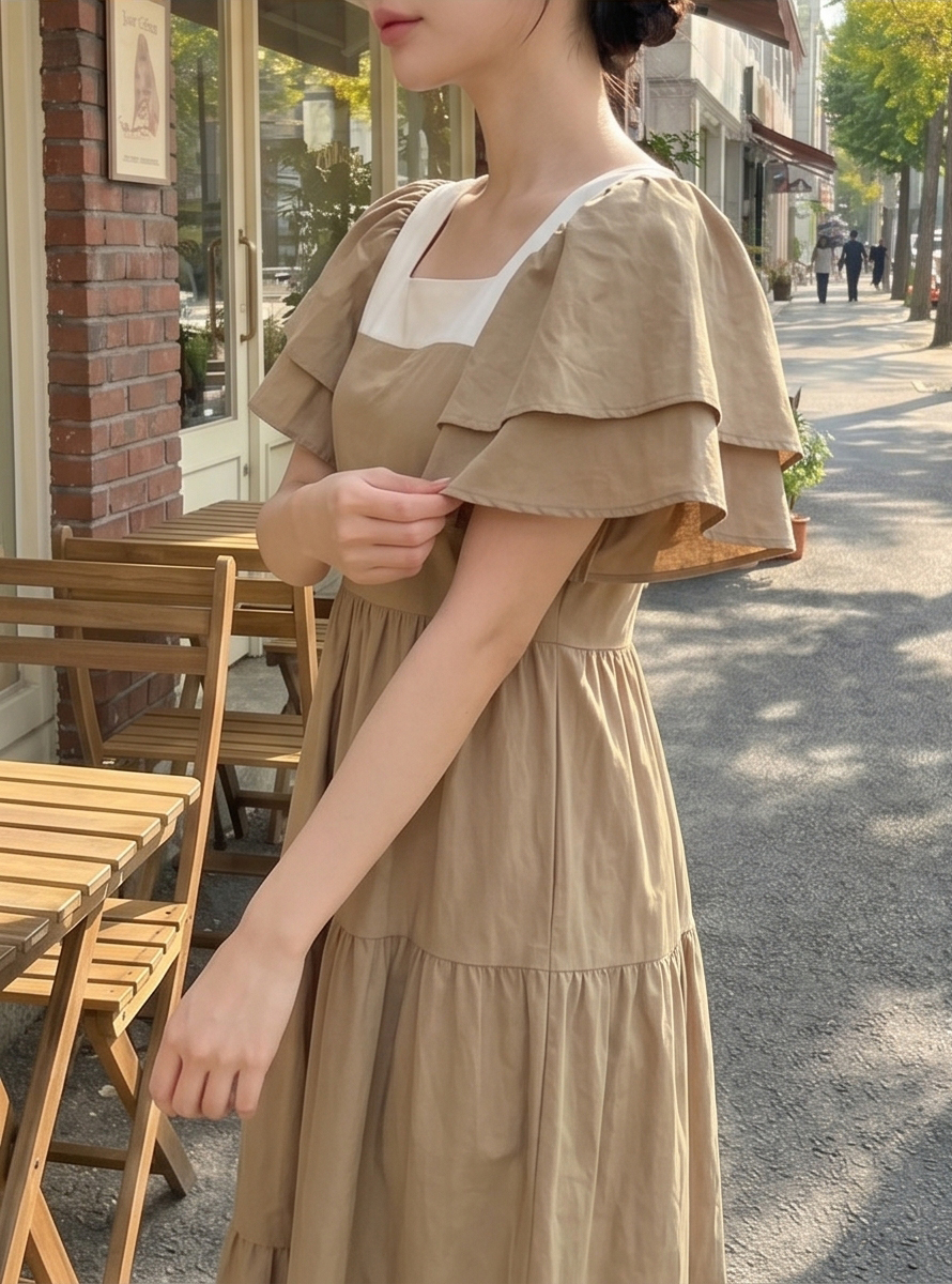 配色スクエアネックラッフルロングフレアワンピースストラップ付 | 詳細画像31