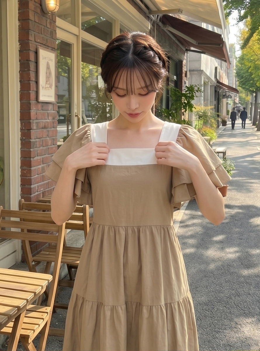 配色スクエアネックラッフルロングフレアワンピースストラップ付 | 詳細画像32