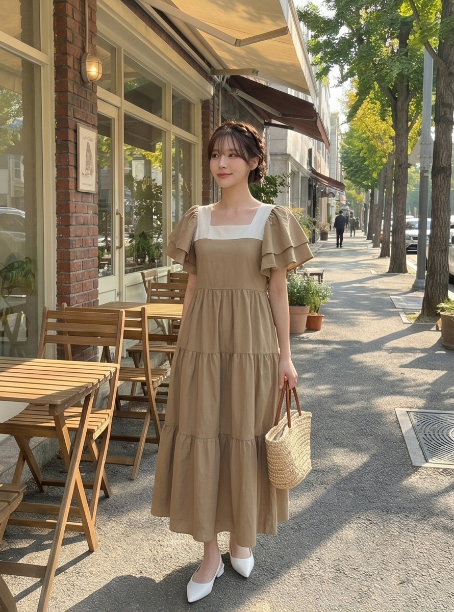 配色スクエアネックラッフルロングフレアワンピースストラップ付 | 詳細画像34