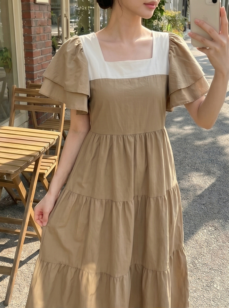 配色スクエアネックラッフルロングフレアワンピースストラップ付 | 詳細画像36