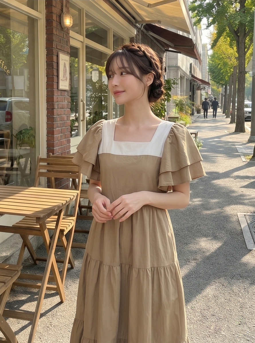 配色スクエアネックラッフルロングフレアワンピースストラップ付 | 詳細画像40