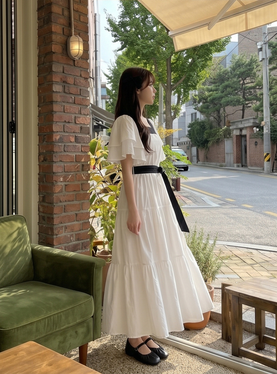 配色スクエアネックラッフルロングフレアワンピースストラップ付 | 詳細画像49