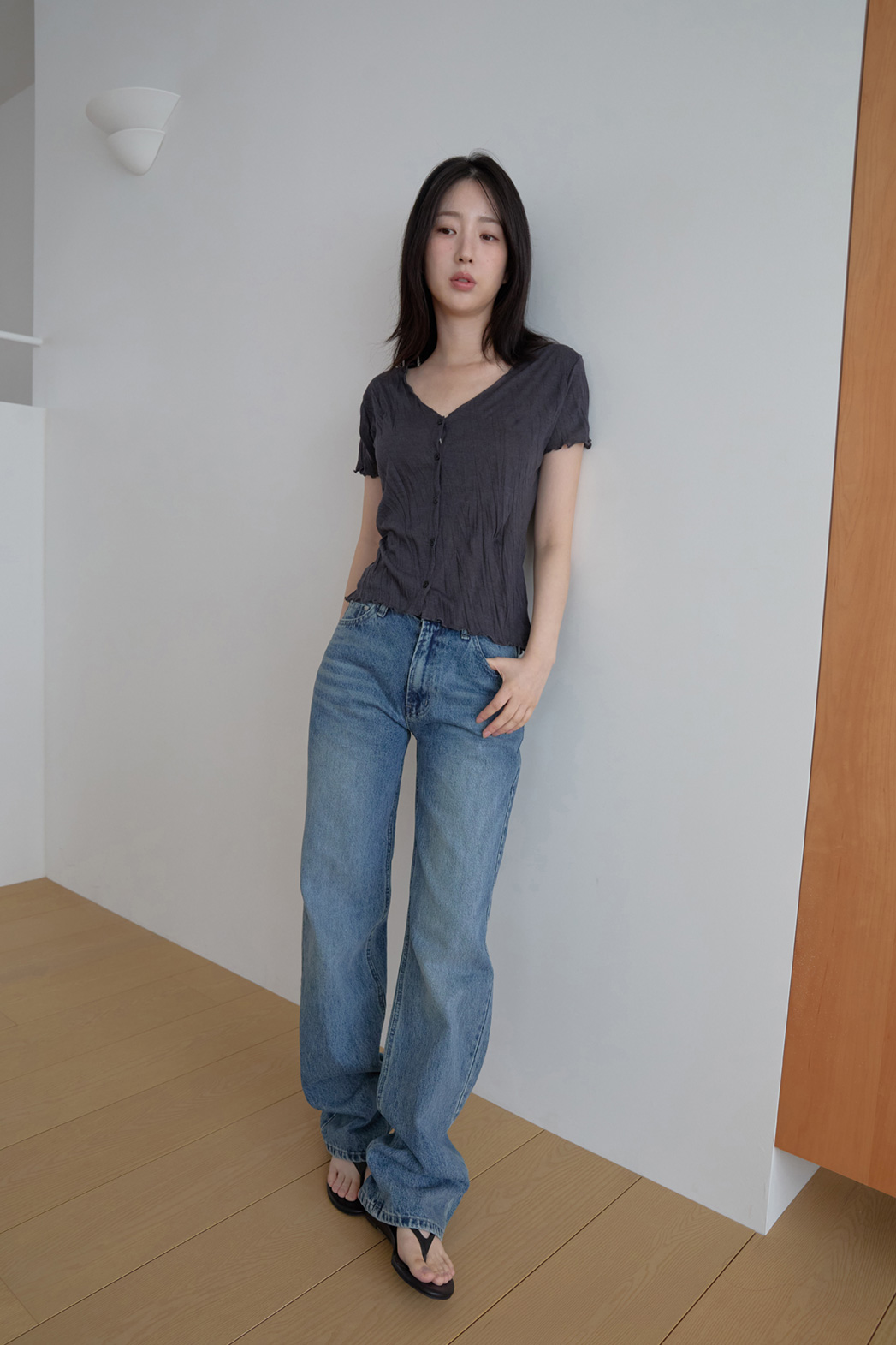 ボタンVネックプリーツベーシッククロップド無地TシャツカーディガンSS | 詳細画像3