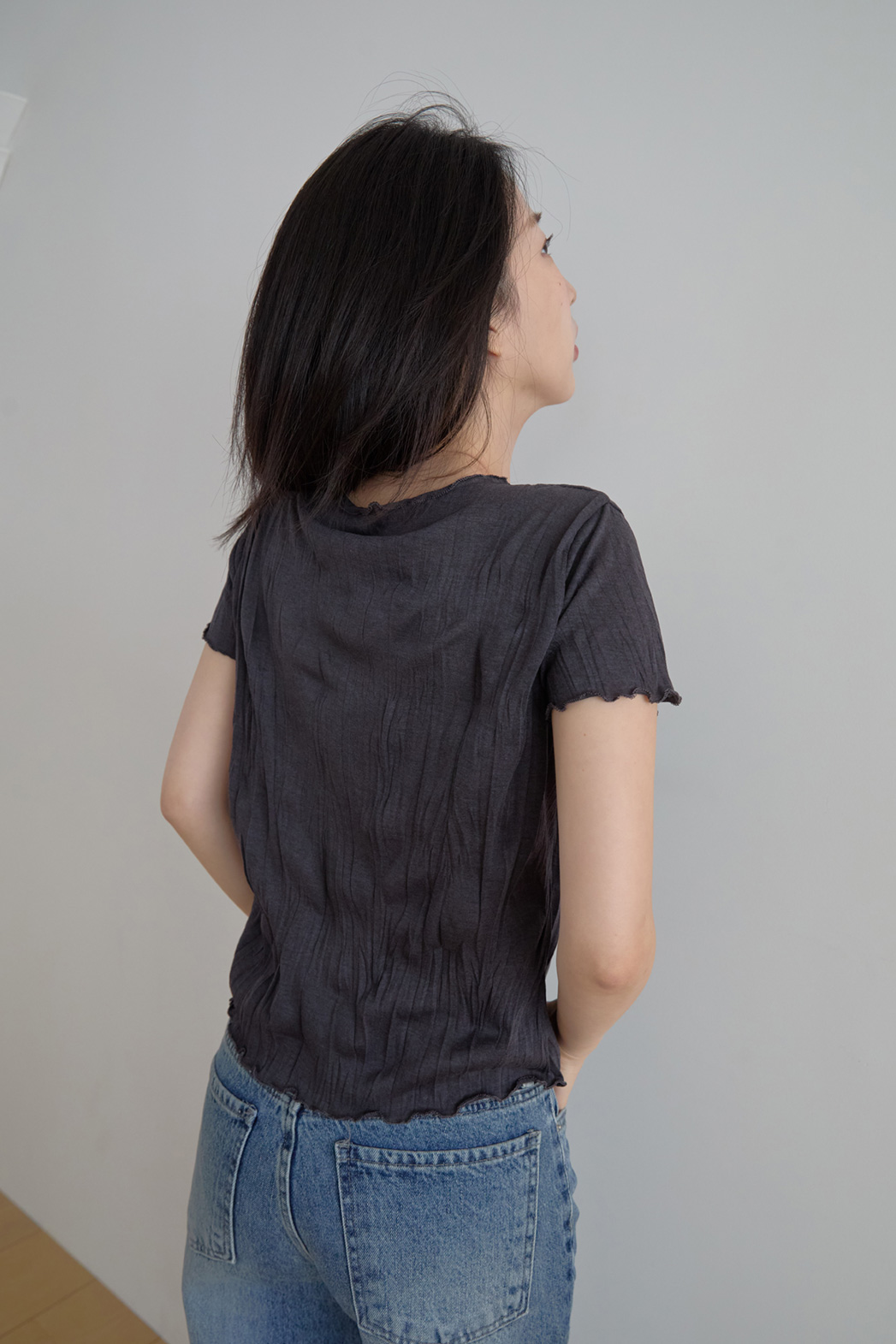 ボタンVネックプリーツベーシッククロップド無地TシャツカーディガンSS | 詳細画像7