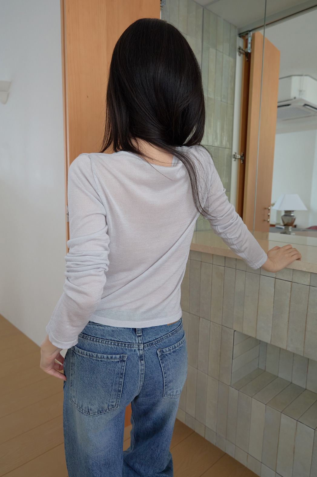 ニットシースルーシルク混シャーリングベーシックセミクロップド無地ニットSS | 詳細画像5