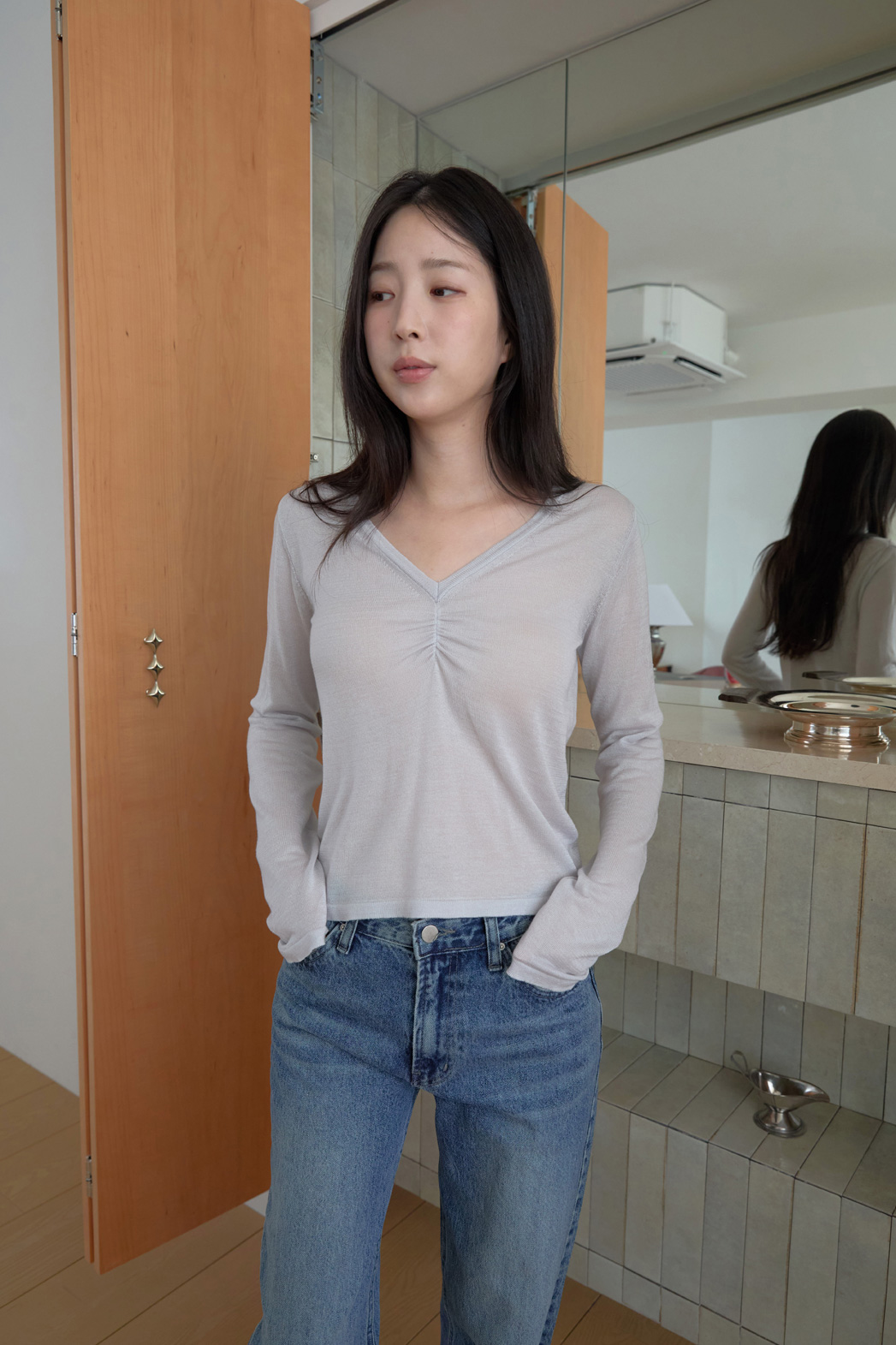 ニットシースルーシルク混シャーリングベーシックセミクロップド無地ニットSS | 詳細画像14