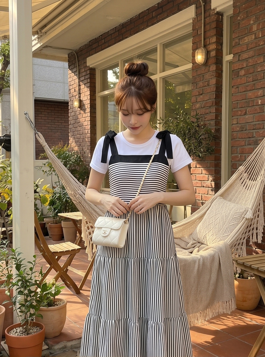 配色ロングフレアリボンストライプノースリワンピース | 詳細画像9