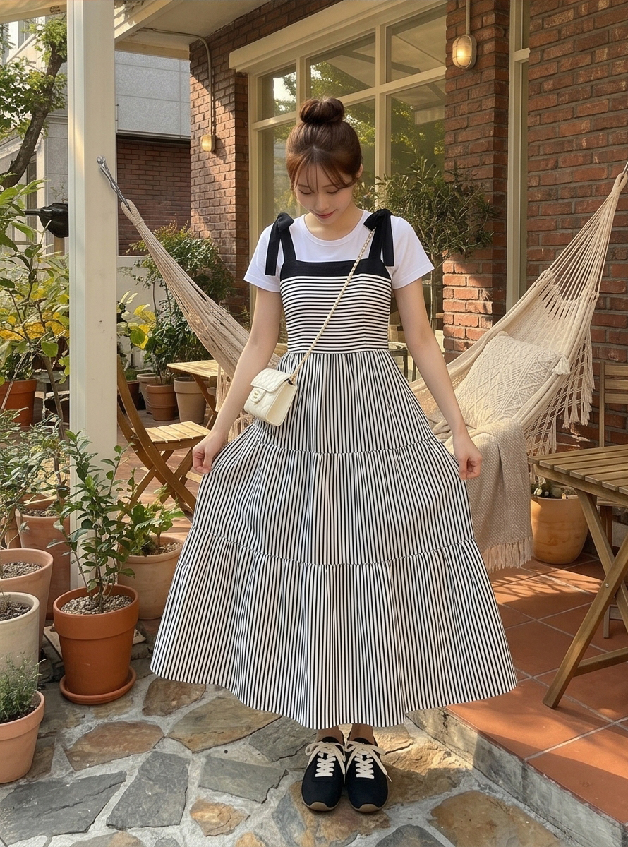 配色ロングフレアリボンストライプノースリワンピース | 詳細画像10