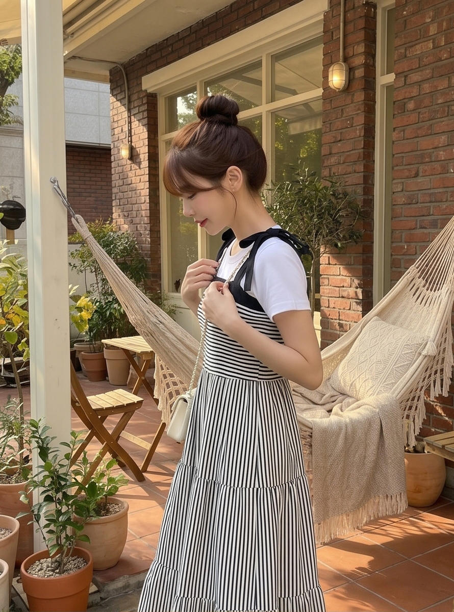 配色ロングフレアリボンストライプノースリワンピース | 詳細画像19