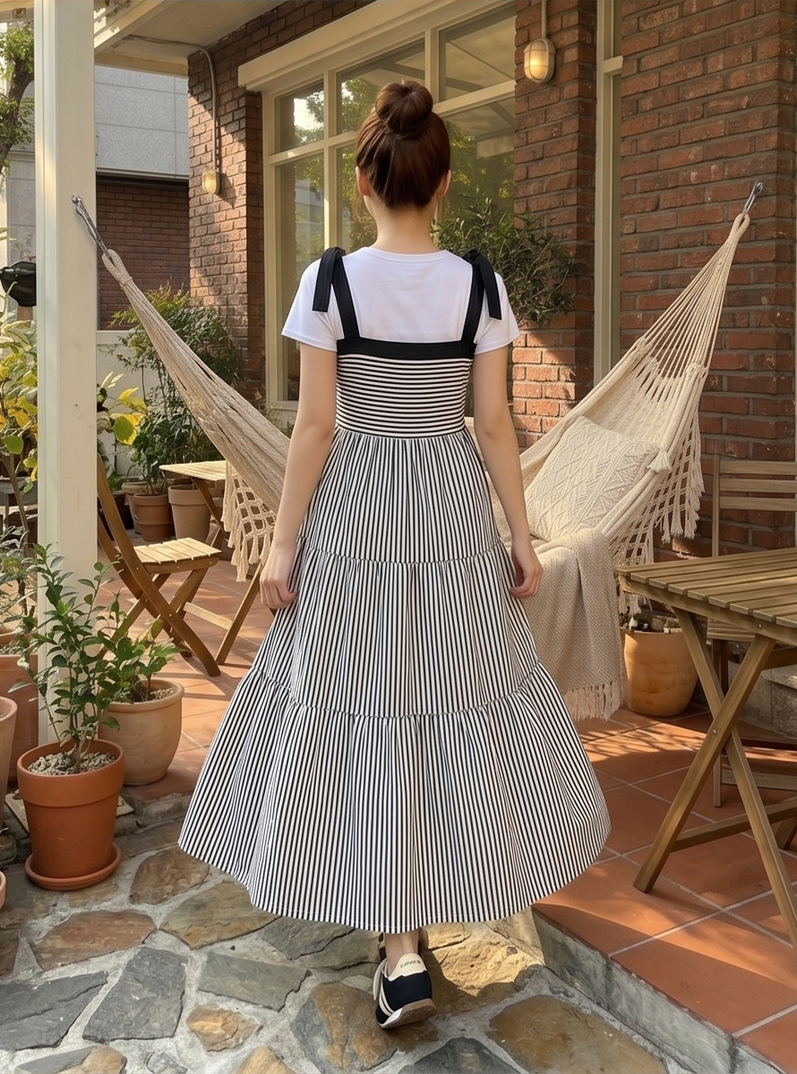 【極美品】アナイ ノースリーブ ロングワンピース ストライプ リボン　Aライン 配色ロングフレアリボンストライプノースリワンピース | レディース