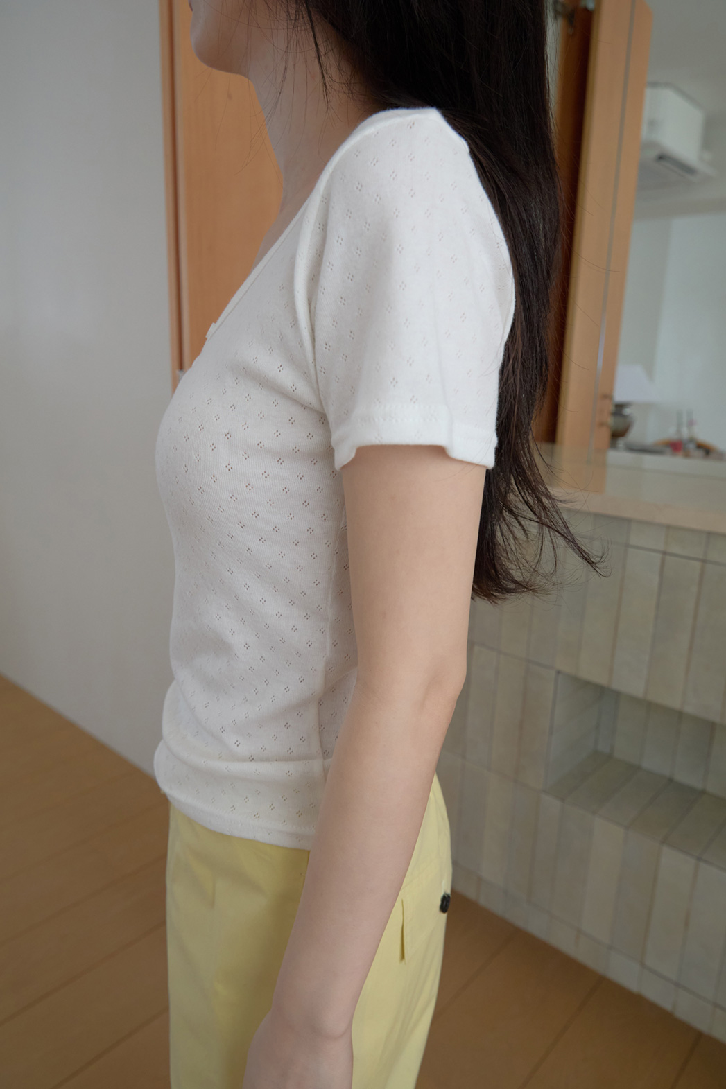 レースコットンボタンVネッククロップドスリム無地TシャツSS | 詳細画像28