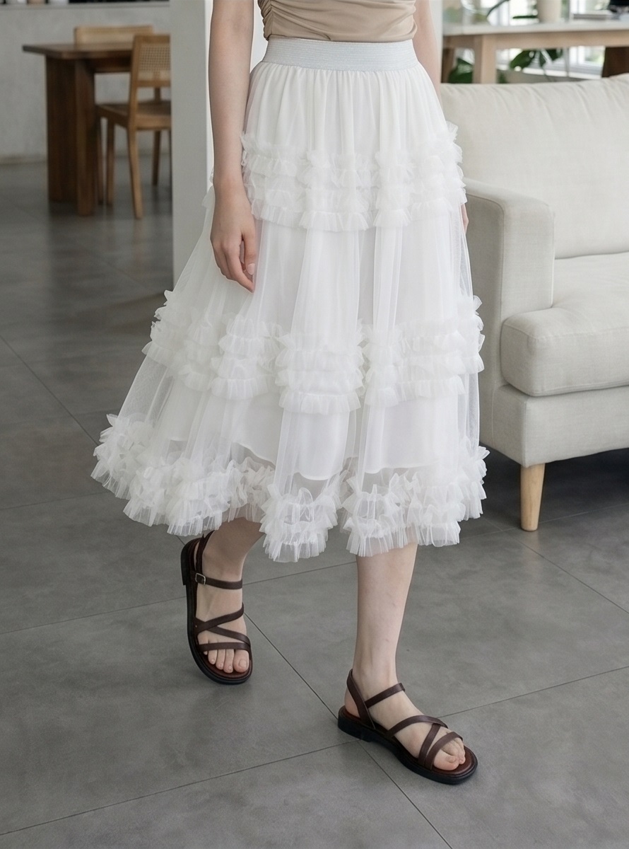 シフォンフリルリンクルティアードウエストゴムフレアミニレーススカート | 詳細画像17