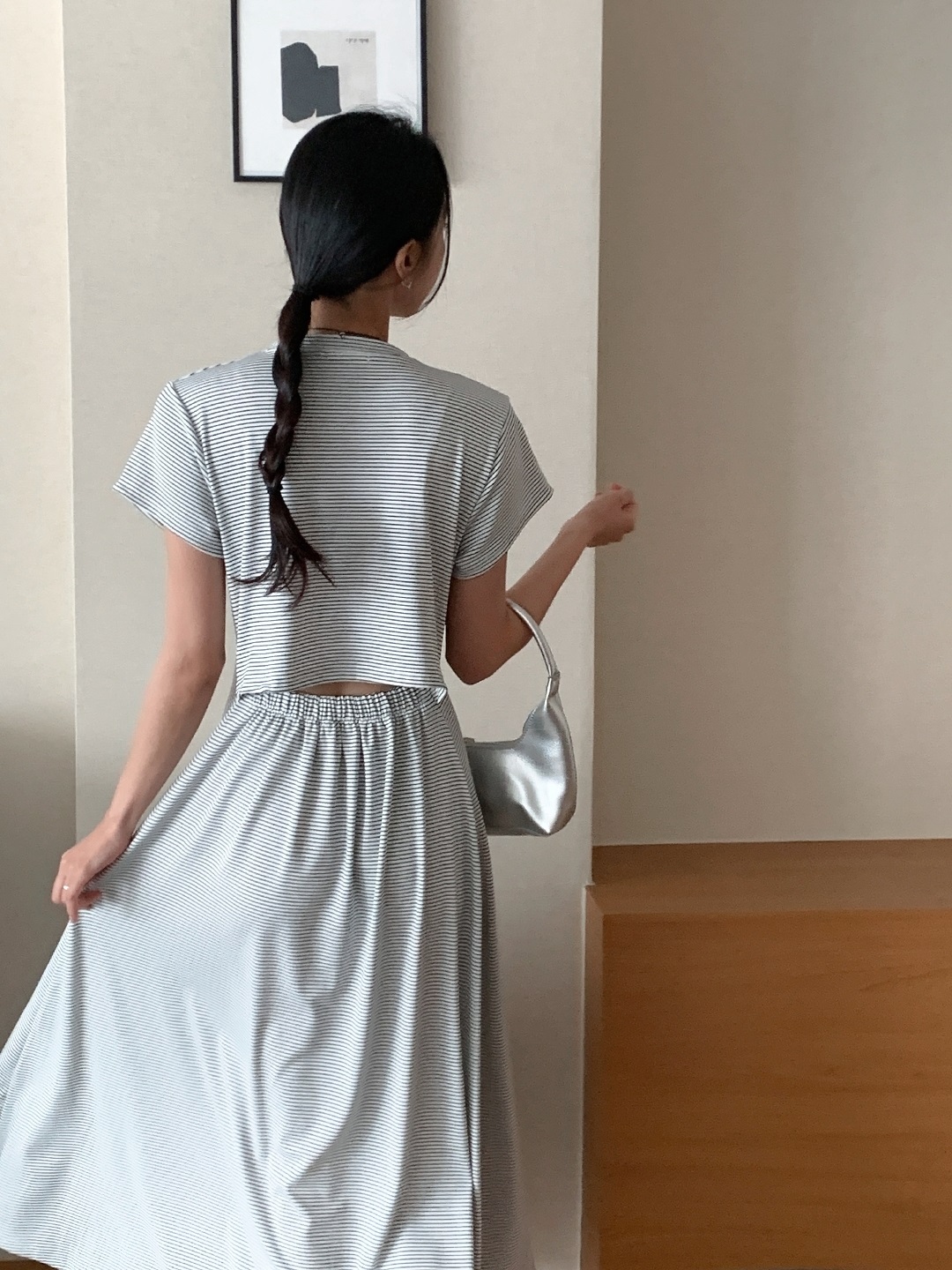 スリットバックゴムロング半袖フレアボーダー配色ワンピース | 詳細画像9