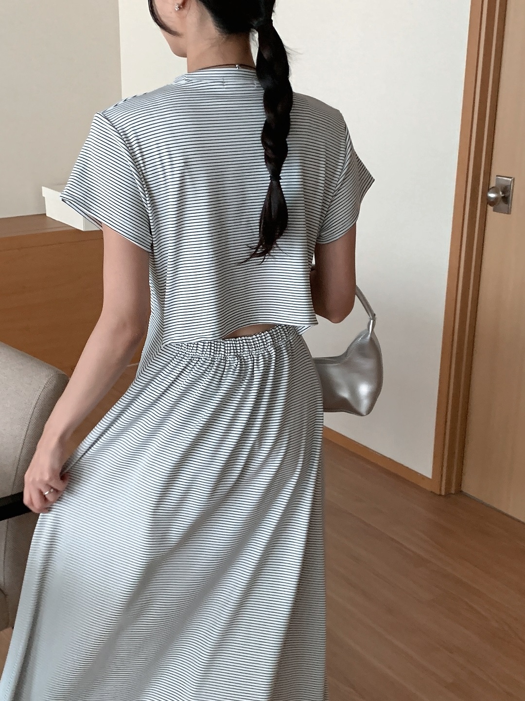 スリットバックゴムロング半袖フレアボーダー配色ワンピース | 詳細画像12