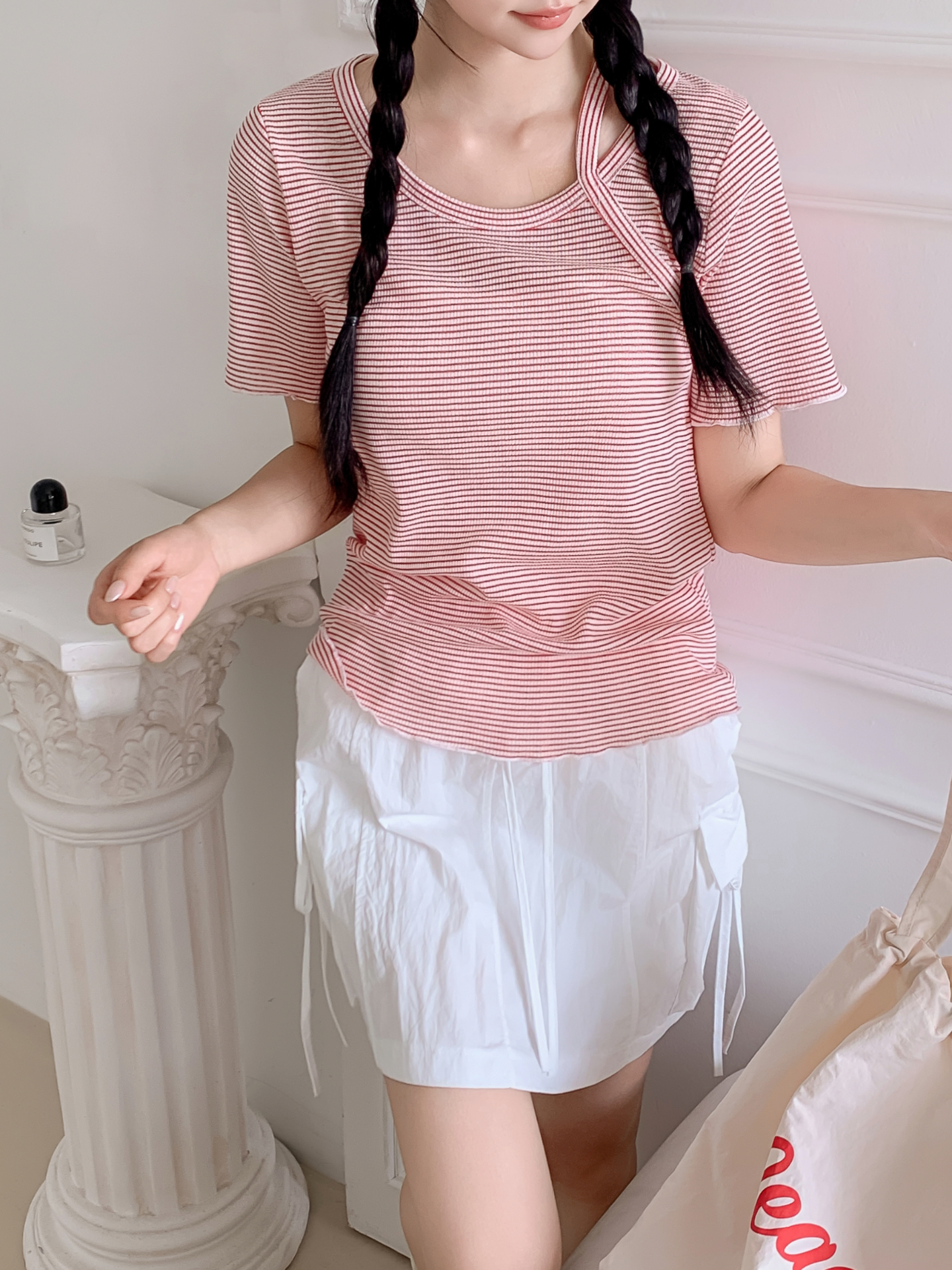 ラウンドネックベーシックスリム半袖ボーダー配色Tシャツ | 詳細画像3
