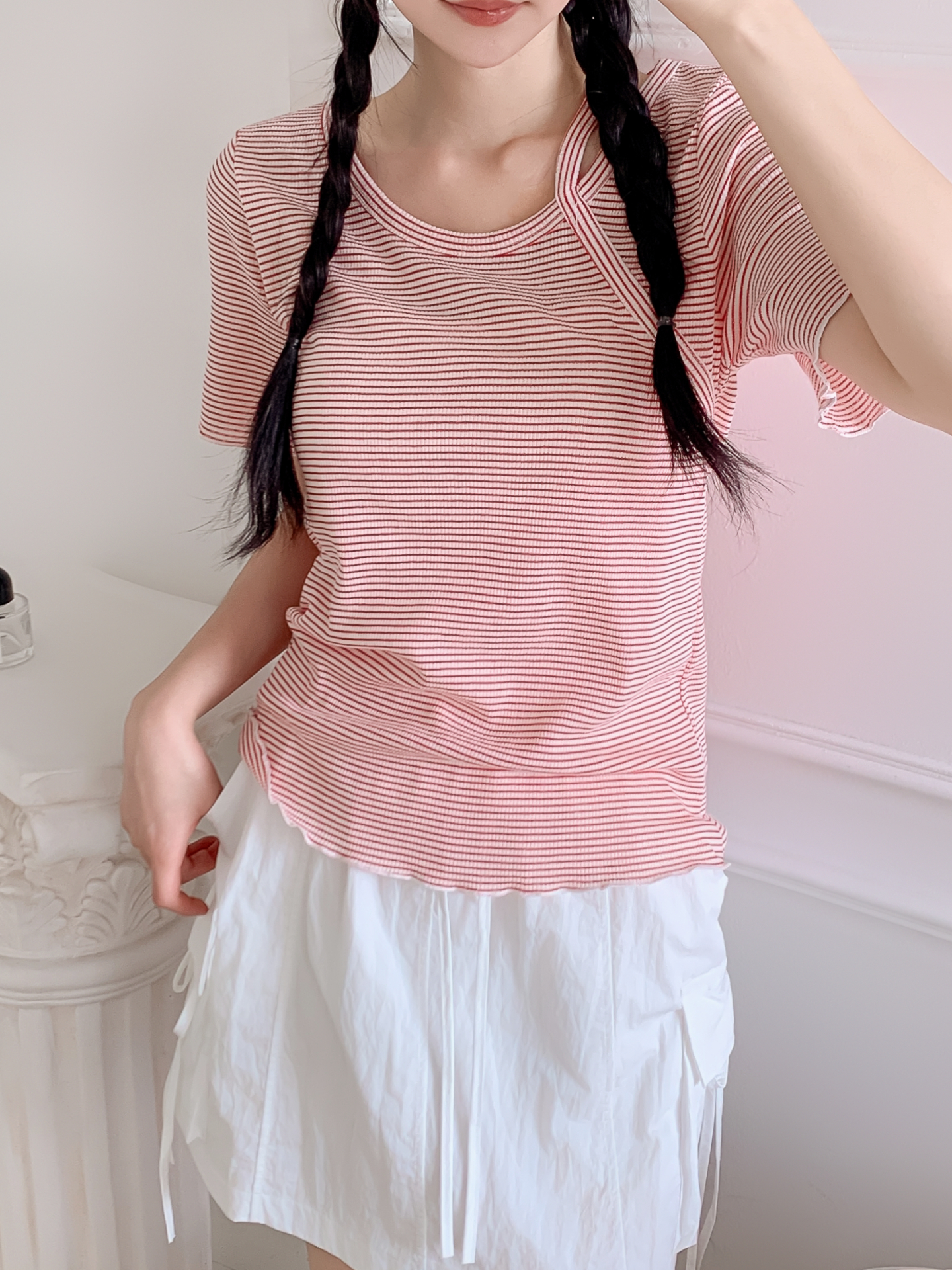 ラウンドネックベーシックスリム半袖ボーダー配色Tシャツ | 詳細画像4