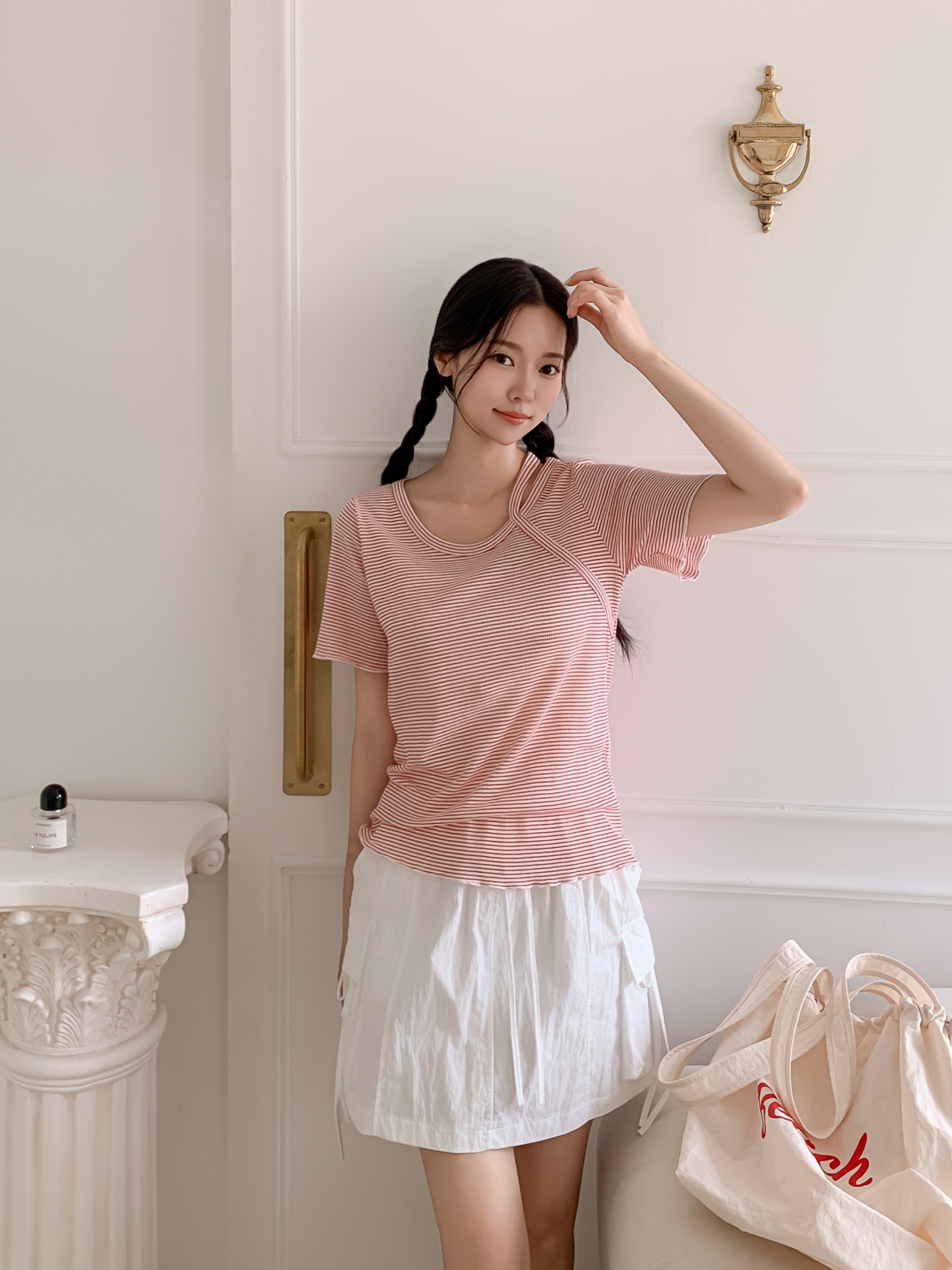 ラウンドネックベーシックスリム半袖ボーダー配色Tシャツ | 詳細画像7
