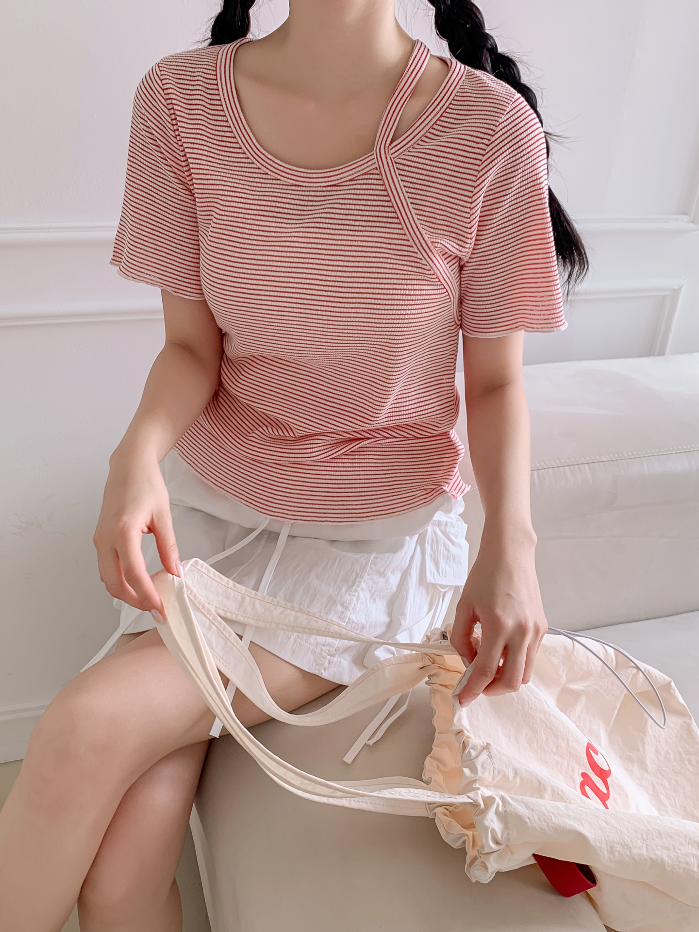 ラウンドネックベーシックスリム半袖ボーダー配色Tシャツ | 詳細画像11