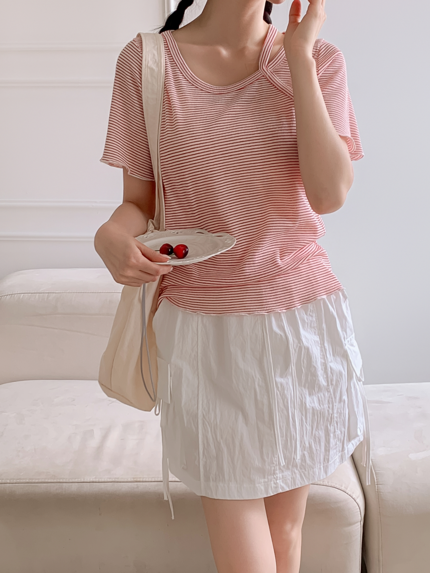 ラウンドネックベーシックスリム半袖ボーダー配色Tシャツ | 詳細画像16