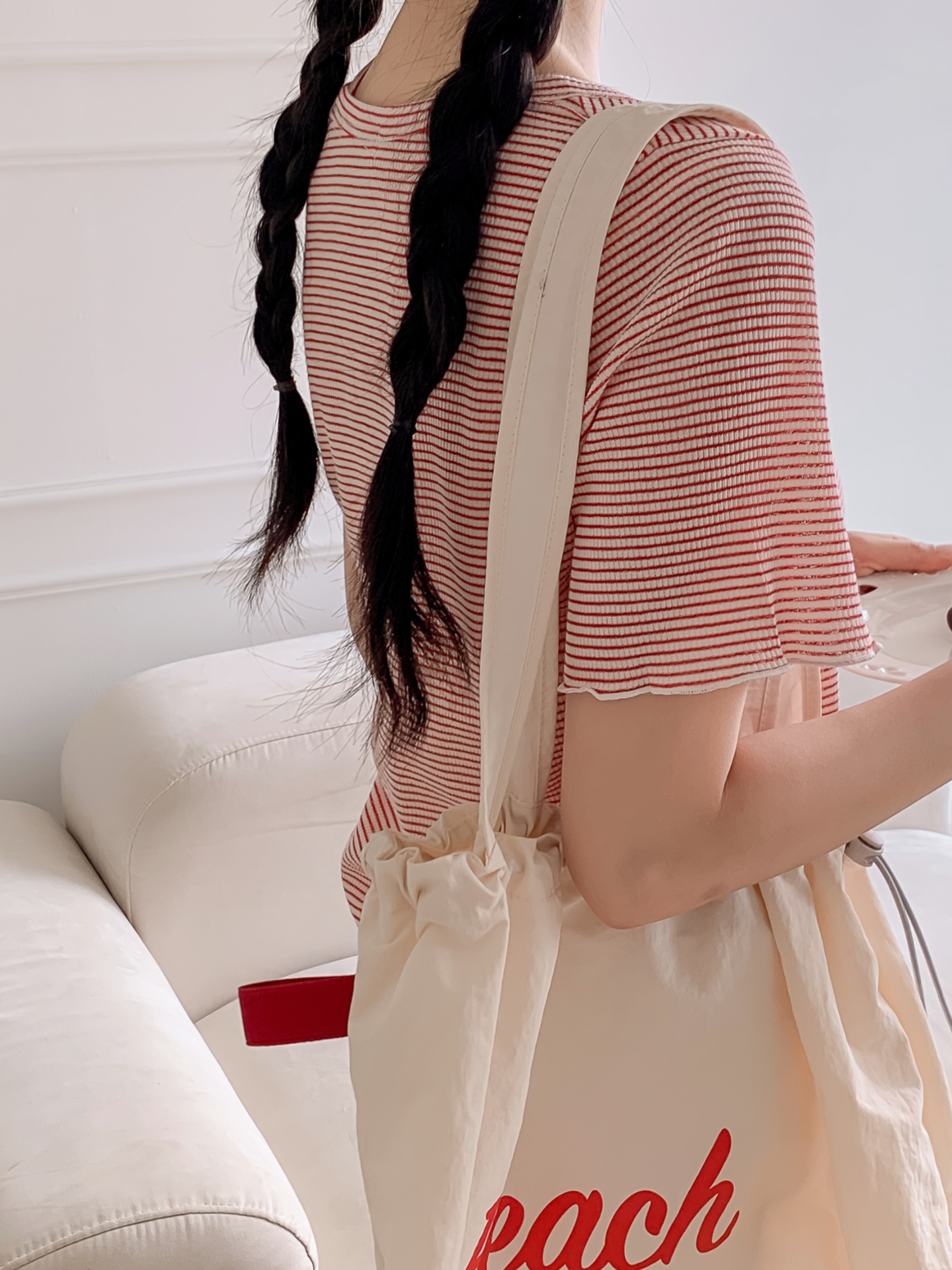 ラウンドネックベーシックスリム半袖ボーダー配色Tシャツ | 詳細画像18