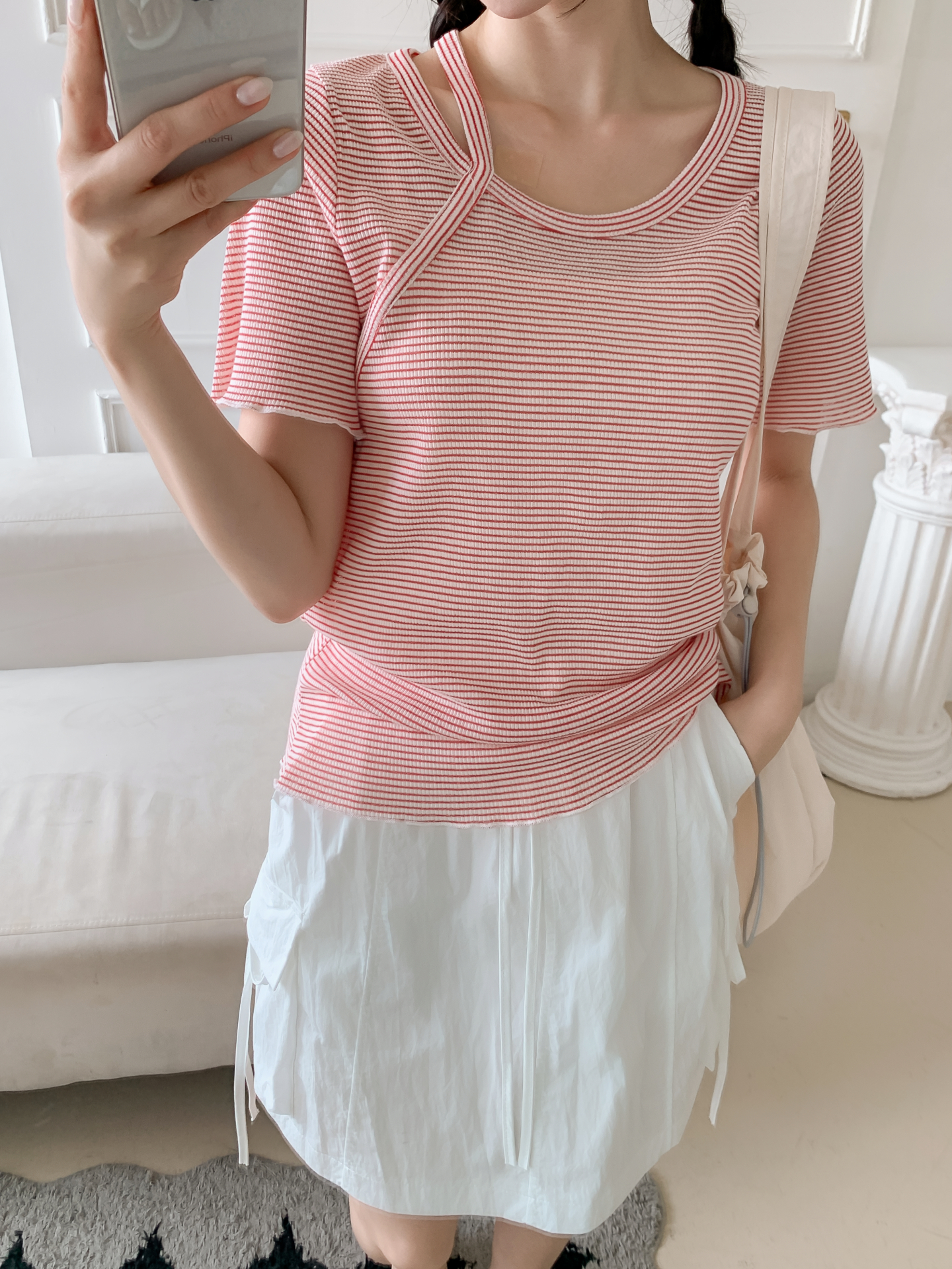 ラウンドネックベーシックスリム半袖ボーダー配色Tシャツ | 詳細画像19